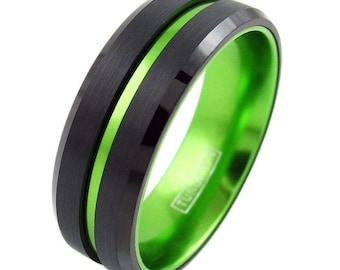 black and green tugnsten band with green stripe - Lifetime Warranty on all Custom Engraved Tungsten Rings