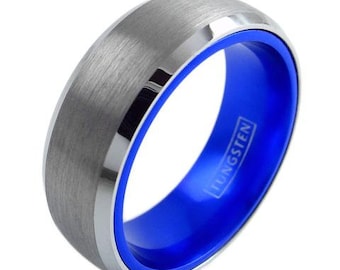 Silver Tungsten Ring w/ Dark Blue Inner Band - Levenslange garantie op alle custom gegraveerde tungsten ringen