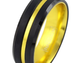 Black Yellow Tungsten Rings - Tungsten Wedding Band Custom Personalized Men Women Engraved