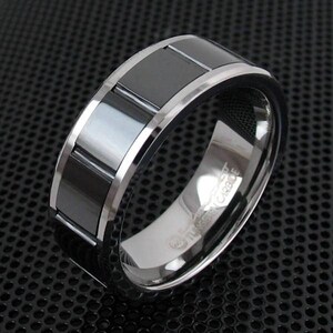 Silver Tungsten Ring w/ Black Notches Tungsten Wedding Band for Men & Women