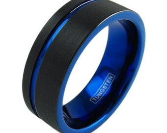 Two Tone Black Flat Tungsten Ring w/ Cobalt Blue Inside Band Recessed Stripe - Lifetime Warranty on all Custom Engraved Tungsten Rings
