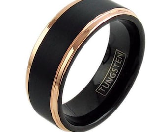 Black Tungsten Ring Gold Tungsten Ring - 7mm  Tungsten Wedding Band for Men & Women Gold Lines - LIFETIME WARRANTY