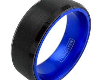 Black Tungsten Ring w/ Dark Blue Inner Band - Lifetime Warranty on all Custom Engraved Tungsten Rings