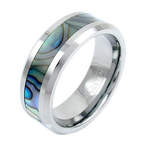 Anillo de tungsteno de plata w Abalone Inlay - Garantía de por vida en todos los anillos de tungsteno grabados personalizados