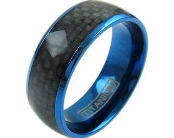 Bague en titane noir et bleu - Bague en titane homme - Bague femme - Bague de fiançailles en titane Gravure personnalisée LIFETIME WARRANTY