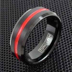 Wolfram Schwarz Ring Rot Streifen Gebürstetes Band 8mm LEBENSLANGE GARANTIE