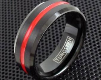 Tungsten Black Ring Red Stripe Brushed Band 8mm LIFETIME WARRANTY