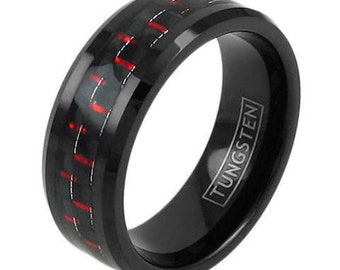 Black Tungsten Ring with Black and Red Carbon Fiber Inlay - Lifetime Warranty on all Custom Engraved Tungsten Rings
