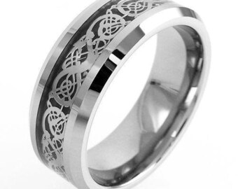 Silver Tungsten Ring w/ Silver Celtic Dragon on Black Inlay - Lifetime Warranty on all Custom Engraved Tungsten Rings