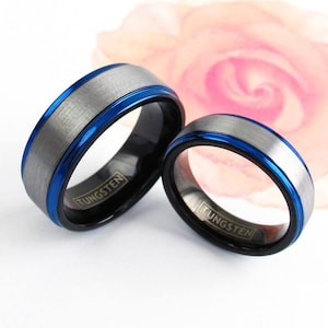 Grey Tungsten Ring - Blue Tungsten Ring - Grey Blue Strip Tungsten Ring - Custom Ring - Engrave Ring - Mens Tungsten ring Womens Ring