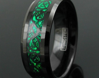 Black Tungsten Celtic Dragon Ring Custom Men's Ring Green Carbon Fiber Tungsten Wedding Band 8mm LIFETIME WARRANTY