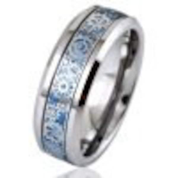 Zilveren en blauwe wolfraam ring met klok werk gear box