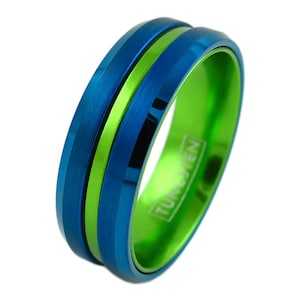Green Tungsten Ring - Tungsten Wedding Band Men Women - Custom Engraved Personalize Tungsten Ring Blue Green