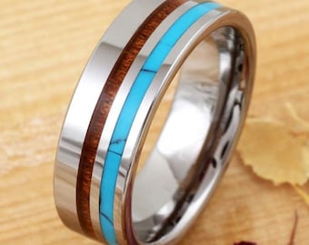8mm silver tungsten flat band ring classy koa wood & lovely blue turquoise inlays - Lifetime Warranty on all Custom Engraved Tungsten Rings