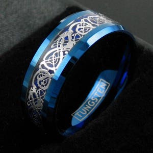 Blue Men&#39;s Tungsten Ring Band Silver Celtic Dragon - Personalize Custom Engraved Tungsten Ring 8mm LIFETIME WARRANTY