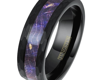 hexagon finished tungsten ring with dark purple box elder wood - Lifetime Warranty on all Custom Engraved Tungsten Rings