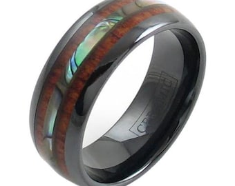 Black Ceramic Dome Ring w/ Abalone & Koa Wood Inlays - Lifetime Warranty on all Custom Engraved Tungsten Rings