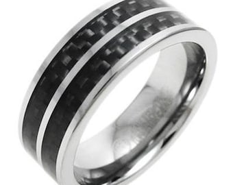 Silver Tungsten Ring w/ Dual Wide Blue Carbon Fiber Inlays - Lifetime Warranty on all Custom Engraved Tungsten Rings