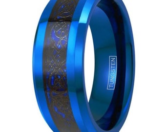 blue tungsten band with black celtic design - Lifetime Warranty on all Custom Engraved Tungsten Rings