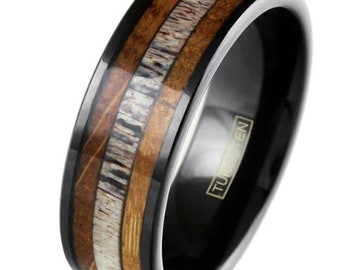 Black Tungsten Ring W/ Deer Antler Whiskey Oak Barrel Inlay