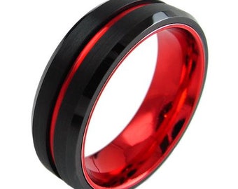 Black Tungsten Ring With Red Line Firefighter Red Line - Lifetime Warranty on all Custom Engraved Tungsten Rings