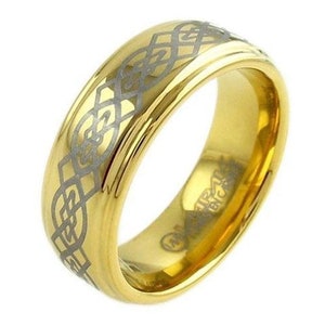 Gold Tungsten Ring w/ a Silver Celtic Knot Overlay - Lifetime Warranty on all Custom Engraved Tungsten Rings