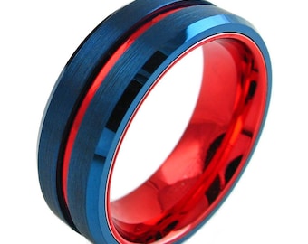 Cobalt Blue Red Line Tungsten Ring - Blue Red Tungsten Ring Engraved Personalized LIFETIME WARRANTY