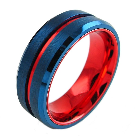 Cobalt Blue Red Line Tungsten Ring Blue Red Tungsten Ring | Etsy