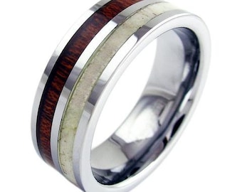 Mirror Tungsten Ring w/ Deer Antler & Koa Wood Inlays - Lifetime Warranty on all Custom Engraved Tungsten Rings