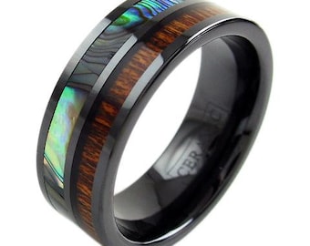 Black Ceramic Ring w/ Abalone & Koa Wood Inlays - Lifetime Warranty on all Custom Engraved Tungsten Rings
