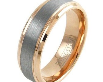 New York Tungsten Ring Ion Plated Rose Gold w/ Domed Finish Silver Exterior - Lifetime Warranty on all Custom Engraved Tungsten Rings