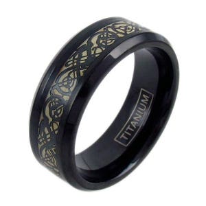 Black Celtic Dragon Titanium Ring - Black Men&#39;s Titanium Ring Band Women - Custom Engrave - LIFETIME WARRANTY