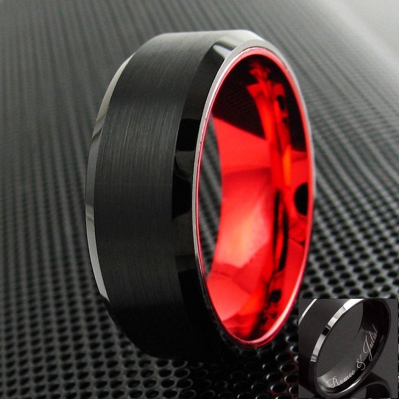 Men's Black Tungsten Ring Red Tungstne Ring Red Inside Etsy