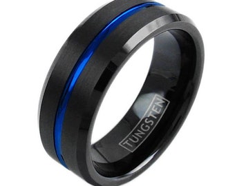 Black Fort Worth Tungsten Cops Ring w Blue Stripe - Lifetime Warranty on all Custom Engraved Tungsten Rings