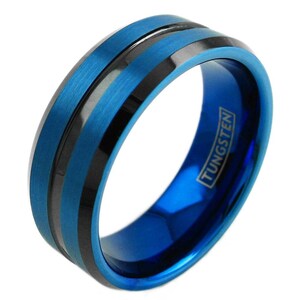 Blue Tungsten Ring Black Line - Custom Tungsten Ring - Personalize Wedding Ring - Engrave Promise Ring LIFETIME WARRANTY