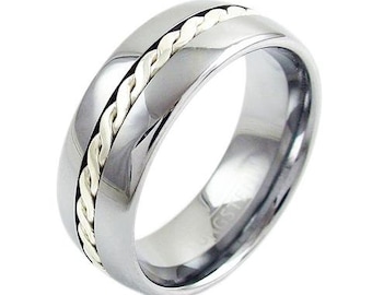 Silver Tungsten Dome Ring w/ Sterling Silver Braid Inlay - Lifetime Warranty on all Custom Engraved Tungsten Rings