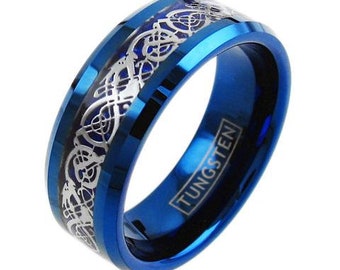 Blue Tungsten Ring w/ Silver Celtic Dragon on Cobalt Blue Inlay - Lifetime Warranty on all Custom Engraved Tungsten Rings