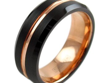 Black Tungsten Ring with Rose Gold Line Stripe Inner Band - Lifetime Warranty on all Custom Engraved Tungsten Rings