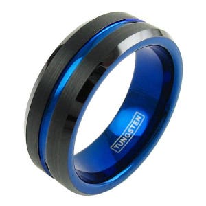 Black Tungsten Ring Blue Stripe - Custom Engrave Blue Tungsten Wedding Band  - Personalized for  Men Women 6mm/8mm LIFETIME WARRANTY