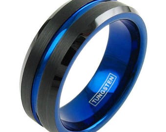 Black Tungsten Ring Blue Stripe - Custom Engrave Blue Tungsten Wedding Band  - Personalized for  Men Women 6mm/8mm LIFETIME WARRANTY