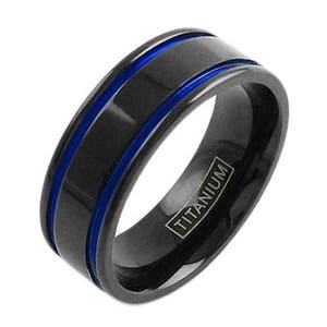 Black Titanium Ring Blue Lines - Blue Stripes Black Titanium Ring Band Men&#39;s Women Custom Engrave - LIFETIME WARRANTY