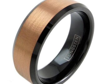 Black Tungsten Ring w/ Rose Gold Outer Band - Lifetime Warranty on all Custom Engraved Tungsten Rings