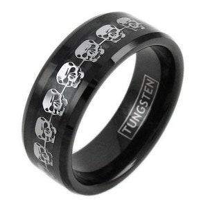 Black Los Angeles Tungsten Ring with Silver Skull Inlay - Lifetime Warranty on all Custom Engraved Tungsten Rings