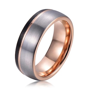 Three Tone Silver Tungsten Ring w/ Rose Gold Inside Band Black Stripe - Lifetime Warranty on all Custom Engraved Tungsten Rings