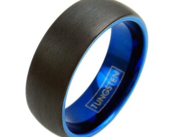 Two Tone Cobalt Blue Tungsten Ring w/ Wide Black Finish - Lifetime Warranty on all Custom Engraved Tungsten Rings