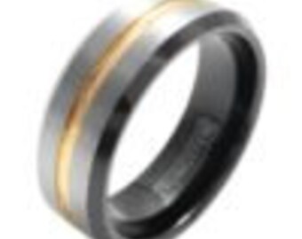 Black Grey And Gold Stripe Tungsten Band