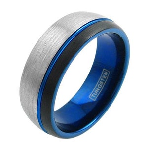 Three Tone Tungsten Ring w Silver Finish Cobalt Blue Band Black Stripe on Side - Lifetime Warranty on all Custom Engraved Tungsten Rings
