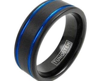 Black Tungsten Ring w/ 2 Blue Racing Stripes - Lifetime Warranty on all Custom Engraved Tungsten Rings