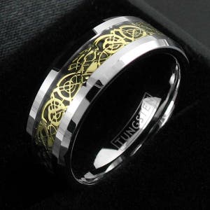 Silver Men&#39;s Tungsten Ring Band Gold Celtic Dragon - Couples Ring 8mm LIFETIME WARRANTY