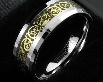Silver Men's Tungsten Ring Band Gold Celtic Dragon - Couples Ring 8mm LIFETIME WARRANTY